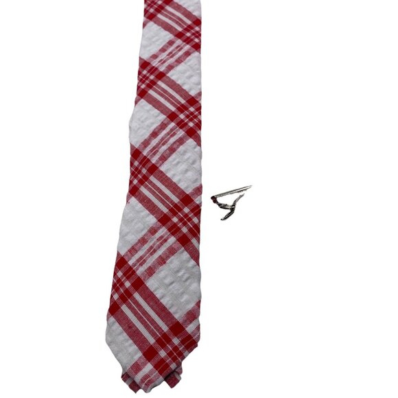 Skinny Tie Madness Men's Plaid Tie Red & White Cotton SKM2117 - Picture 1 of 11